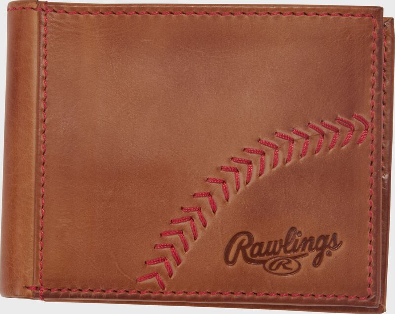 A tan Rawlings Double Play bi-fold wallet