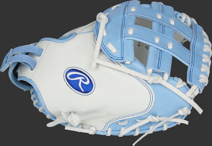 Thumb of a white RLACM33FPCB Liberty Advanced Color Series 33-inch catcher's mitt with a columbia blue H web