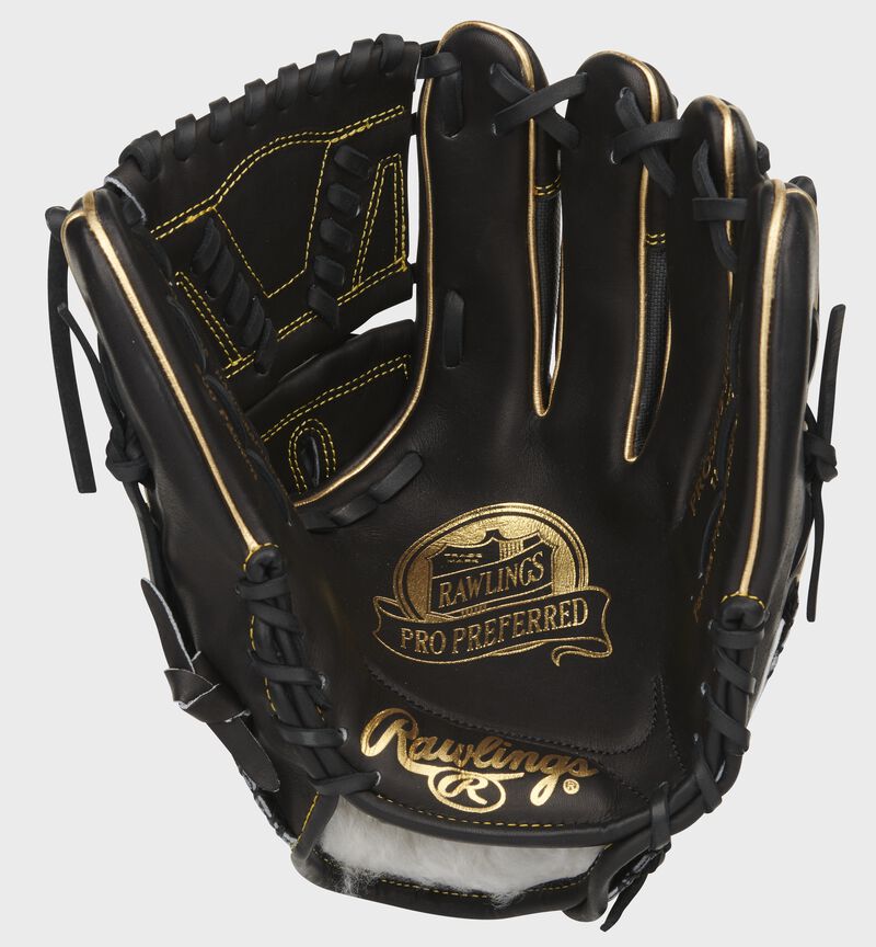 Black palm of a Rawlings Pro Preferred infield/pitcher's glove with gold stamping and black laces - SKU: PROS205-30BG