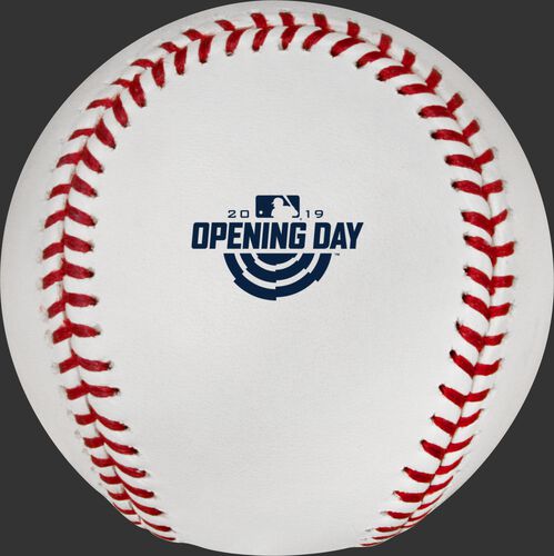 The official MLB Opening Day 2019 logo stamped on the ROMLBOD19 baseball