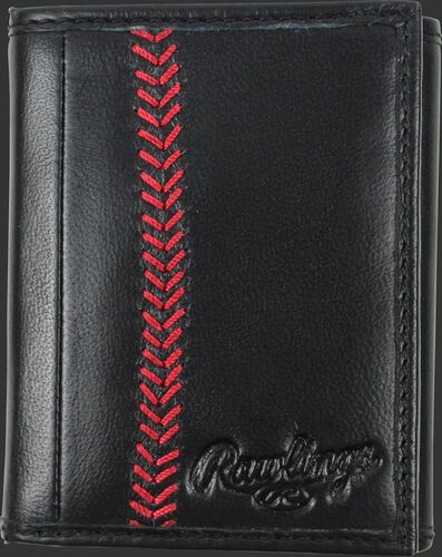 A black MW478-001 Baseball Stitch tri-fold wallet folded close with red stitching on the left and embossed Rawlings logo