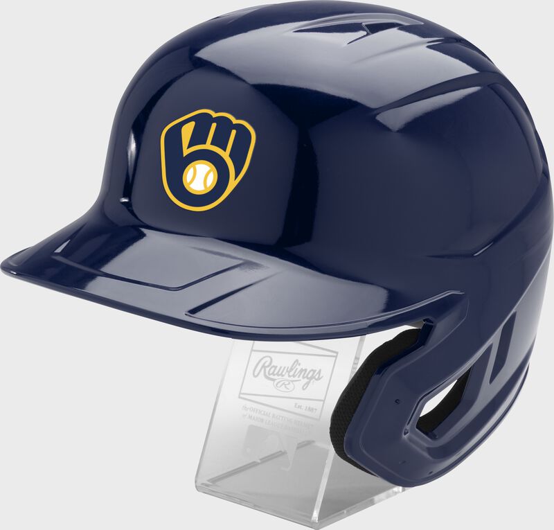 Front left of a navy Rawlings Milwaukee Brewers replica helmet - SKU: MLBMR-MIL