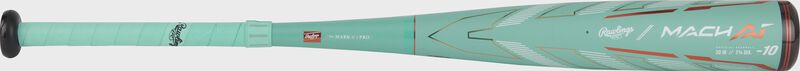A mint Rawlings Mach AI -10 USSSA bat shown left to right - SKU: RUT4MC