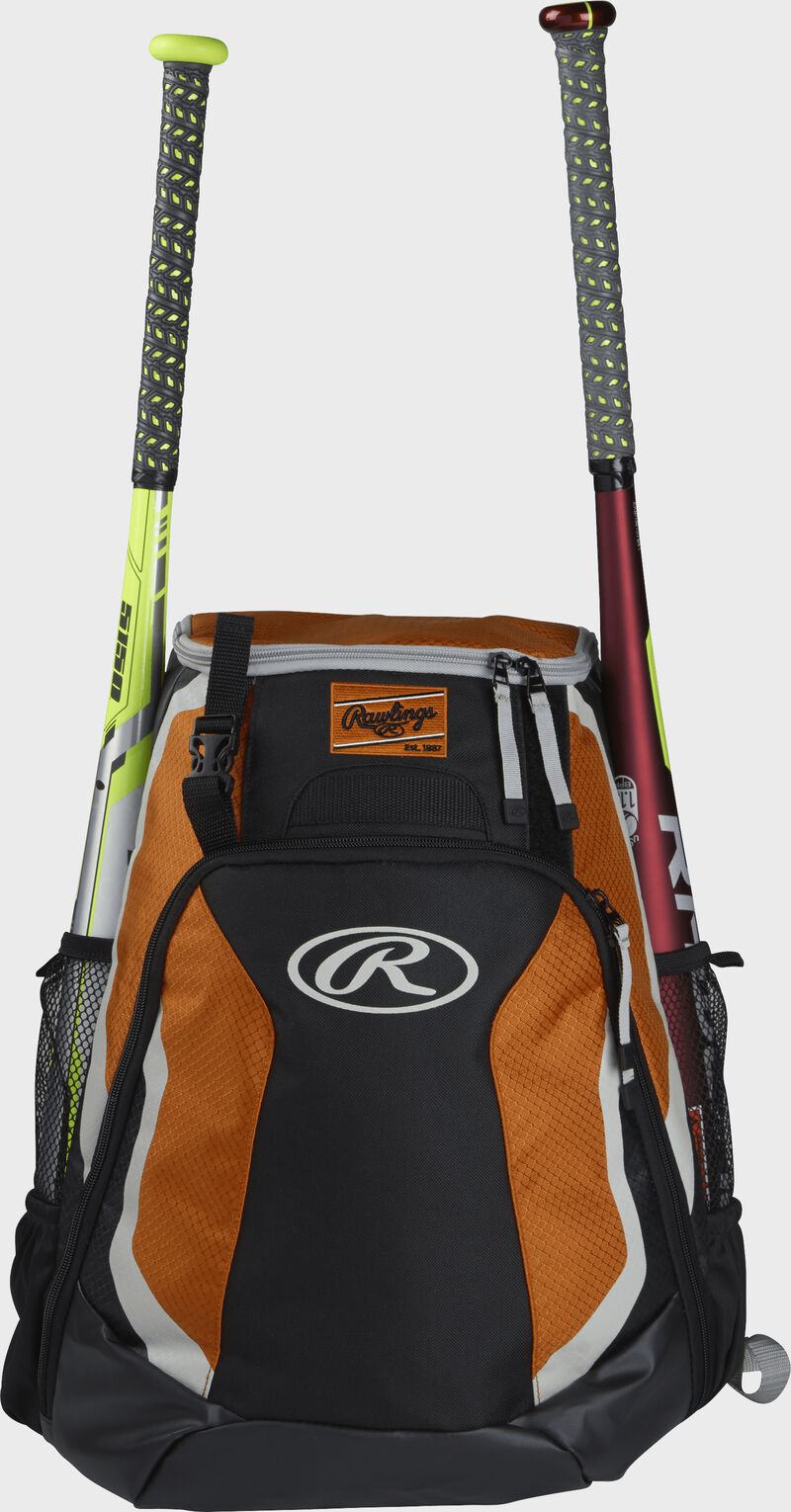 A black/orange R500 Rawlings equipment backpack with a bat on each side