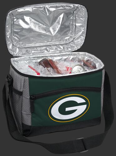 An open Green Bay Packers 12 can cooler filled with ice and drinks - SKU: 10111068111