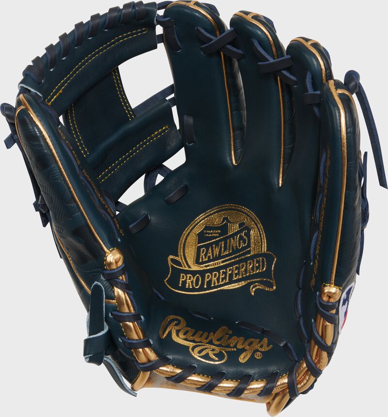Navy palm of a Gameday 57 Series Anthony Volpe Pro Preferred glove with gold stamping and navy laces