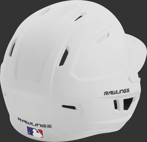 Back right of a one-tone matte white MACH Rawlings junior size batting helmet