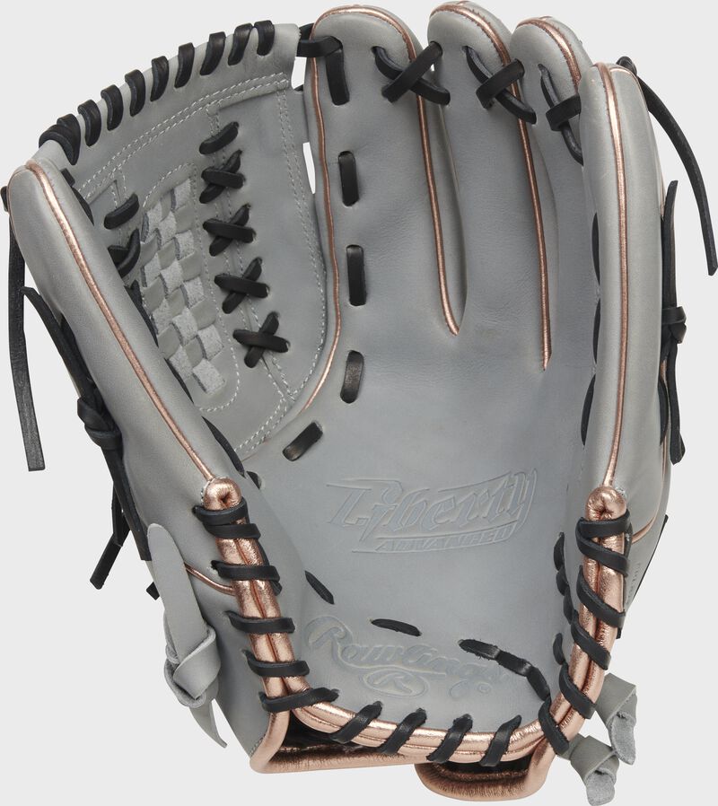 Gray palm of a Rawlings Liberty Advanced fastpitch glove with black laces - SKU: RLA125-18GRG