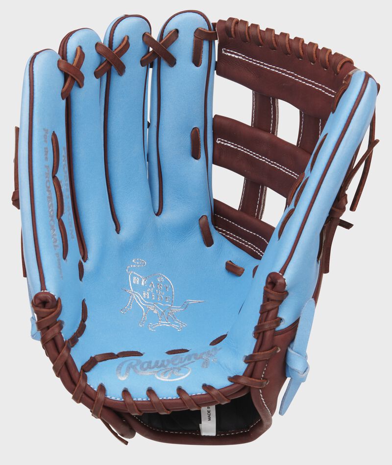 Columbia blue palm of a Heart of the Hide exclusive outfield glove with a maroon web and laces - SKU: PROBH3-6CBM