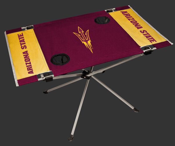 A maroon/yellow NCAA Arizona State Sun Devils endzone table with two cup holders and team logo printed in the middle SKU #04053001111