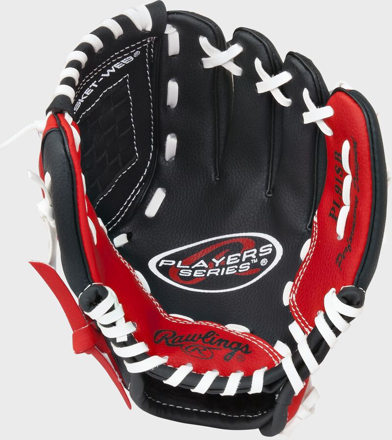 Palm of a black/scarlet Players Series T-ball glove - SKU: MEIPL91SB
