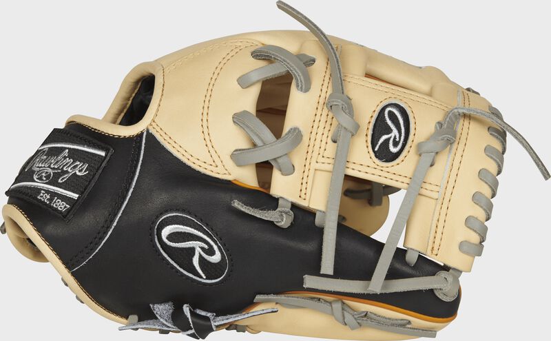 Web back view of black, camel, and gray Rawlings Heart of the Hide 11.5-inch infield glove