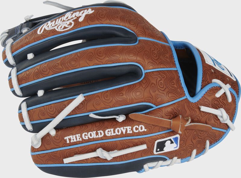 Golden brown geo-print back of an 11.75" Heart of the Hide ColorSync 8.0 infield glove with the MLB logo on the pinky - SKU: PRO314-2GBN