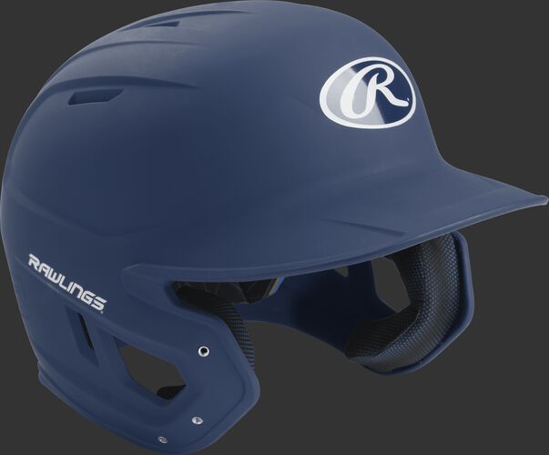 Right angle view of a matte MACH Senior batting helmet with a navy shell