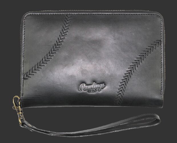 Front of Rawlings Black Baseball Stitch iPhone Zip Wallet With Brand Name and Baseball Stitches SKU #RW80000-001