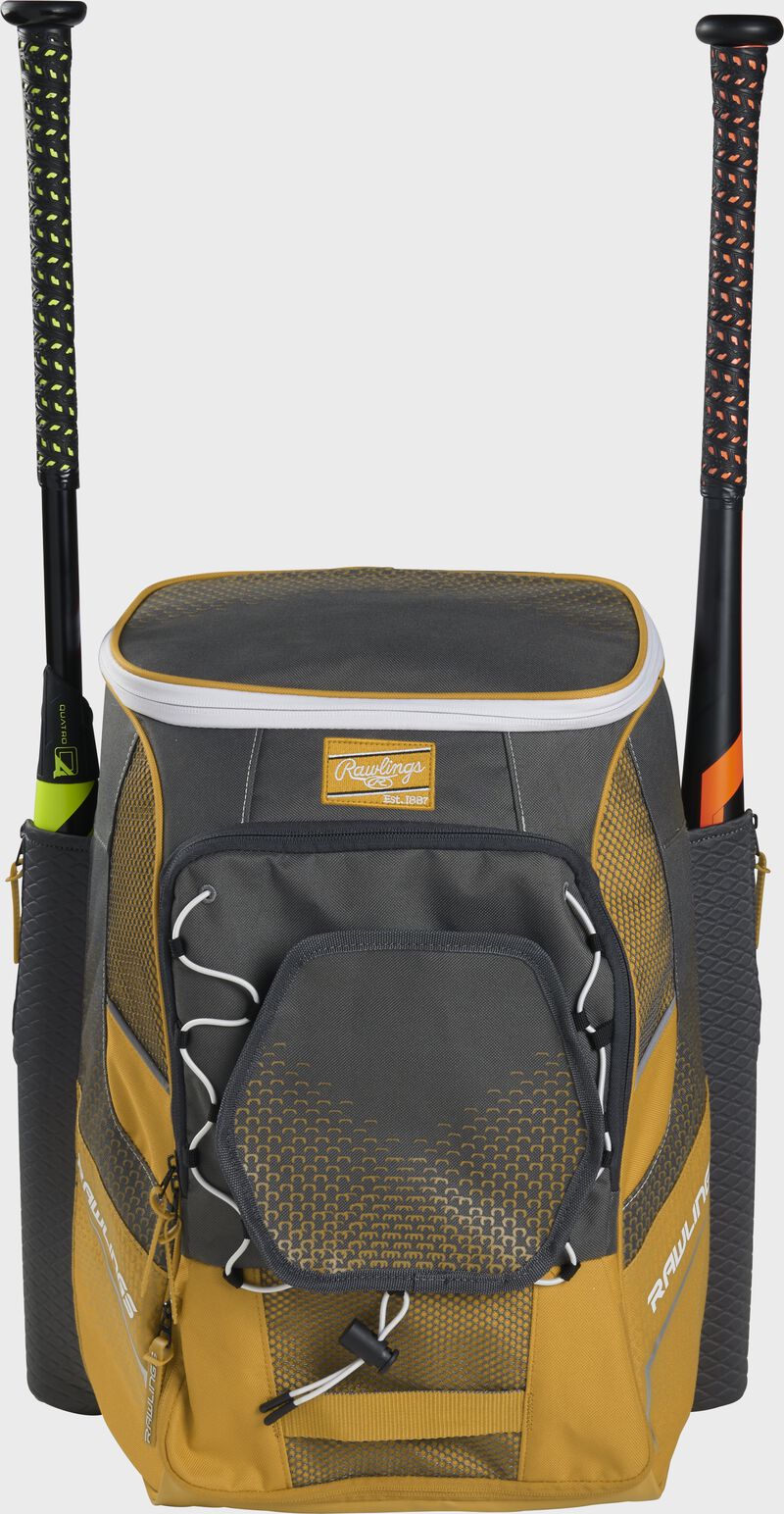 Front of a light gold Rawlings Impulse bag with a light gold Rawlings patch and two bats in the sides - SKU: IMPLSE-LG