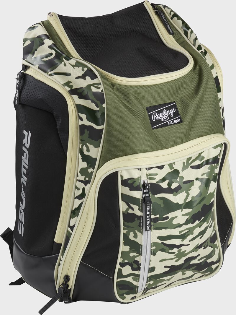 Right angle view of a camo Rawlings Legion backpack - SKU: LEGION-CAMO
