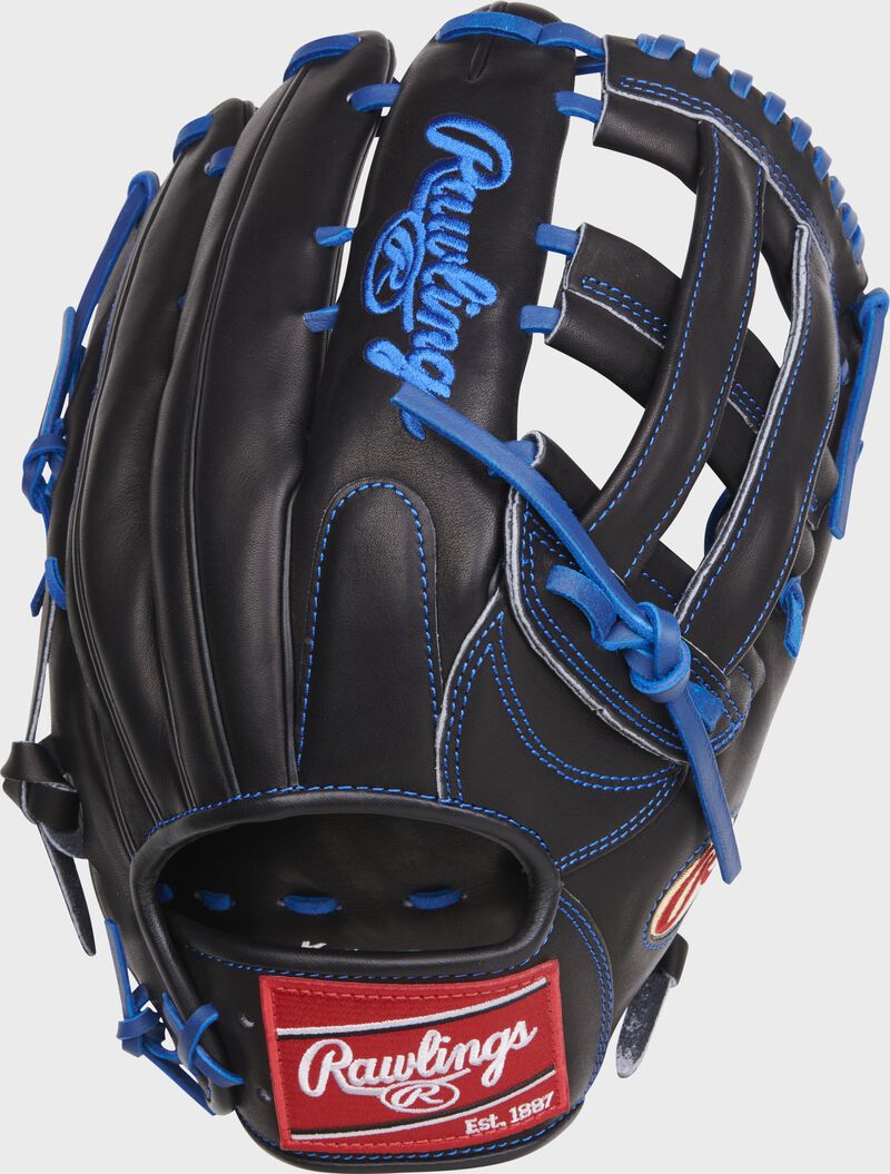 Back of a black Jason Heyward 13" Heart of the Hide outfield glove with a red Rawlings patch - SKU: RSGRPRO3030-6JH
