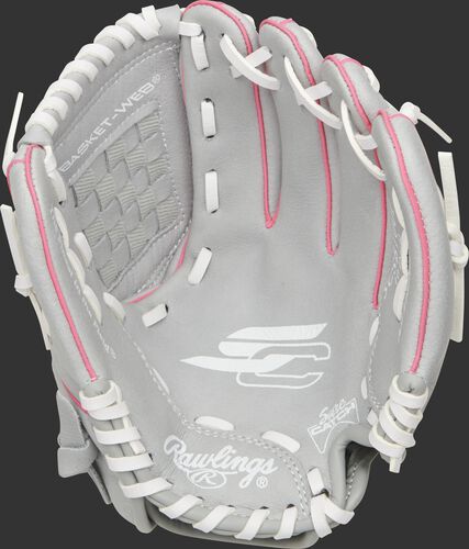 SCSB100P Rawlings Sure Catch Softball youth glove with a grey palm and white laces
