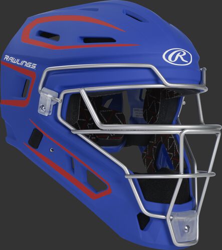 Front right of a royal/scarlet CHV27J Rawlings Velo 2.0 catcher's helmet