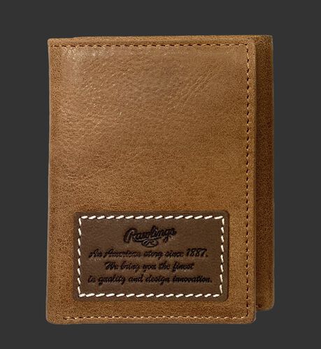 A tan American Story tri-fold wallet with a leather patch telling the Rawlings American story - SKU: RPW002-204