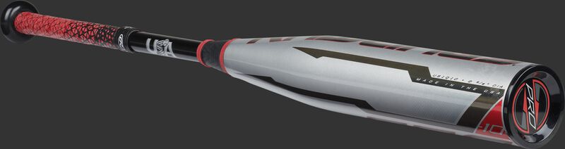 Angled view of a Rawlings -10 Quatro Pro USA baseball bat with a silver barrel - SKU: US1Q10