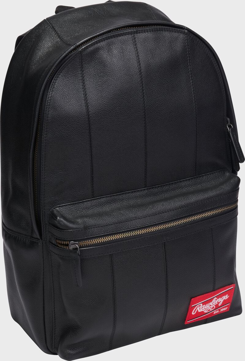 Front angle view of a black Rawlings Strike Out backpack