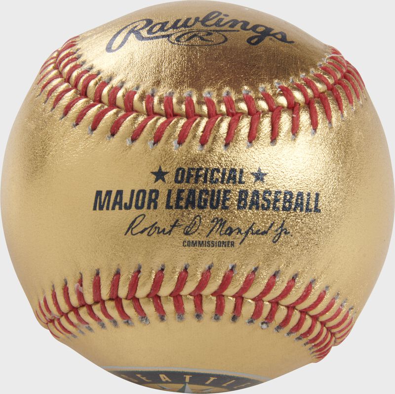 A Seattle Mariners Rawlings Gold MLB team baseball with the official ball MLB stamp - SKU: RSGEA-GOLDSEA-R loading=