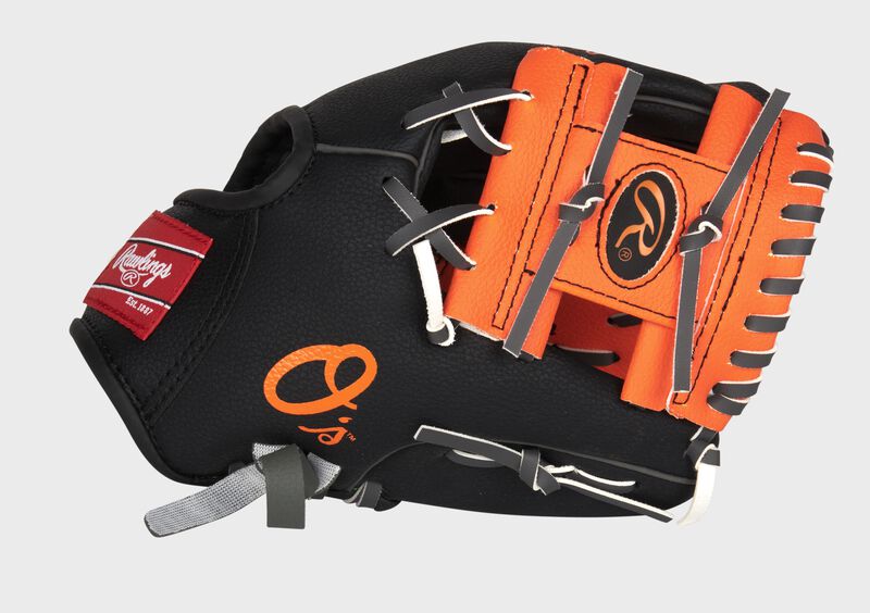 Thumb of a black/orange Baltimore Orioles 10-Inch team logo glove with an orange I-web and O's logo on the thumb - SKU: 22000018111 loading=