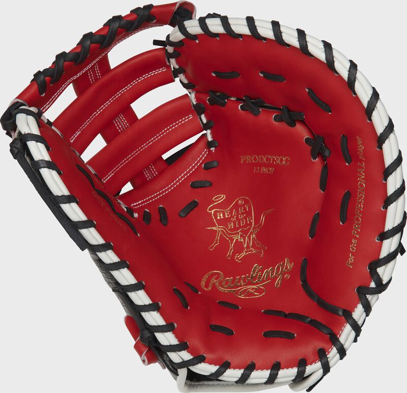 PRODCTSCC Rawlings ColorSync 4.0 first base mitt with a scarlet palm and black laces