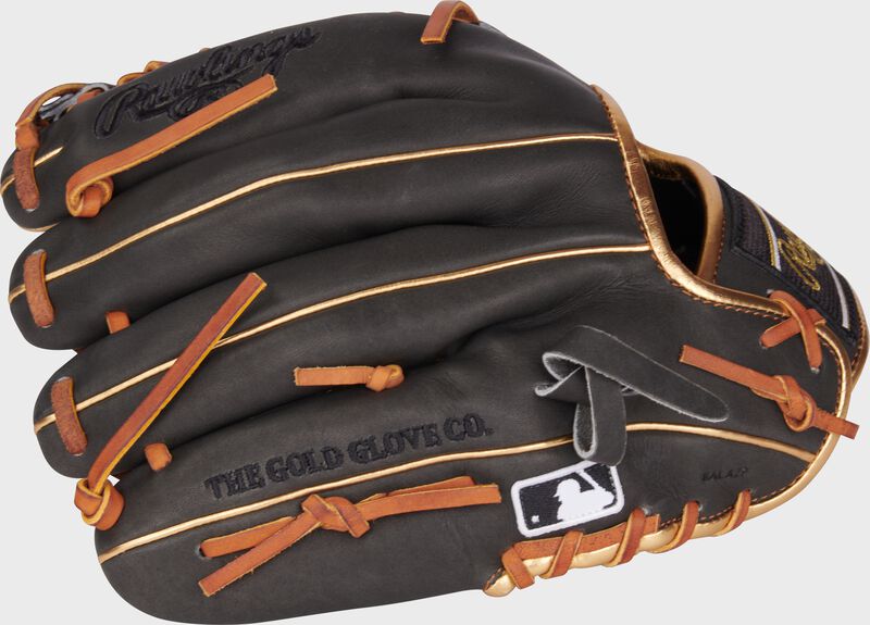 Dark shadow back of a Heart of the Hide 11.75" Modified Trap-Eze web glove with the MLB logo on the pinky
