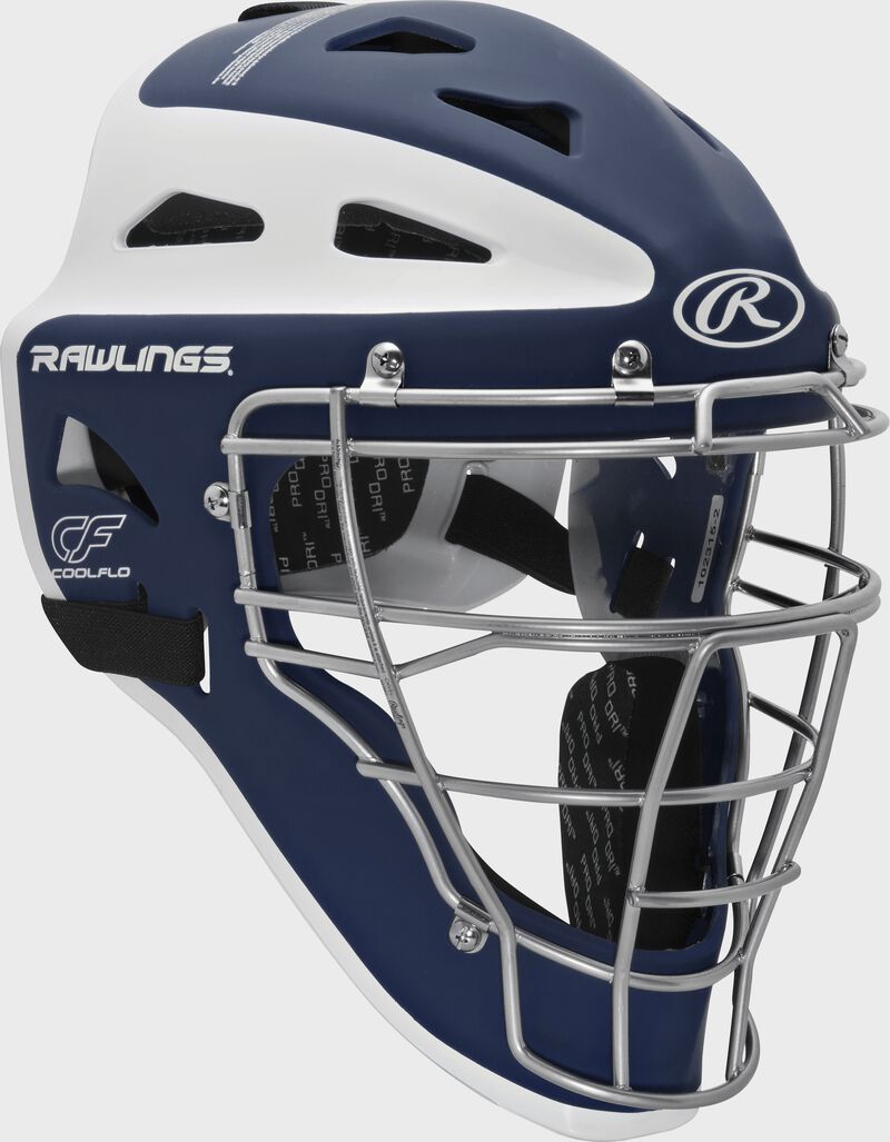 Front right of a navy/white CHVEL Rawlings Velo adult catcher's helmet loading=