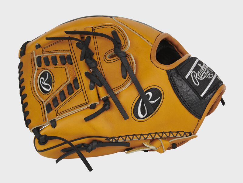 Tan thumb of an exclusive Pro Preferred Croc infield/pitcher's glove with a tan laced 2-piece solid web - SKU: PROS205-30TC loading=