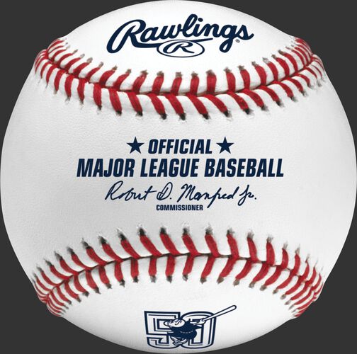 A ROMLBSD50 MLB San Diego Padres 50 year anniversary ball with the Official Ball stamp and league commissioner's signature