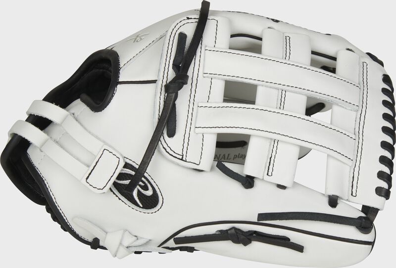 Web back view of black and white 2021 Liberty Advanced 13-inch fastpitch outfield glove