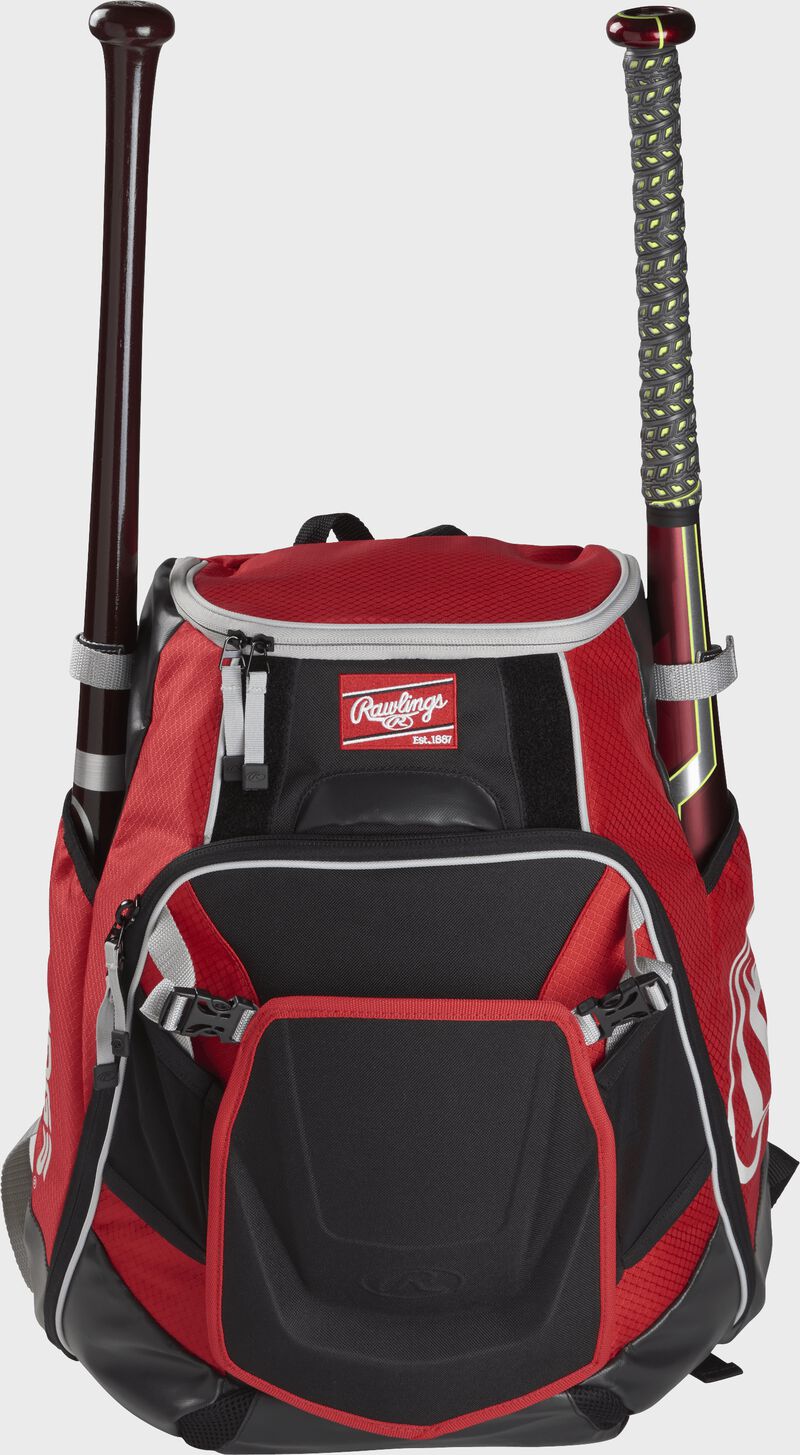 A scarlet VELOBK Velo backpack with a bat in each of the side compartments