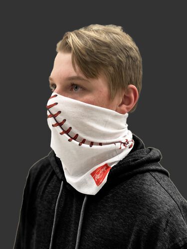Side view of a kid wearing a white youth multi-functional head and face gear cover with it covering his mouth/nose - SKU: YRC40001-100