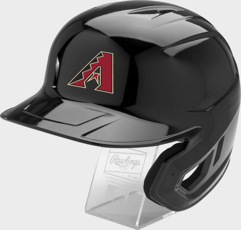 Front left of a black Rawlings Arizona Diamondbacks replica helmet - SKU: MLBMR-ARI
