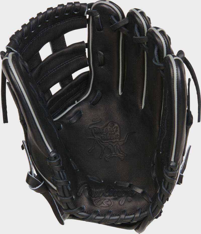 Black palm of a Rawlings Heart of the Hide infield glove with black laces - SKU: PROT205W-6B