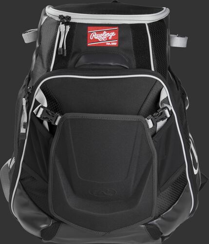 Front of a black VELOBK Velo backpack with black trim and a red Rawlings patch