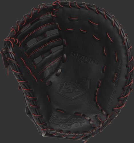 R9YPTFM16B 12-inch Rawlings youth first base mitt with a black palm and black/scarlet laces