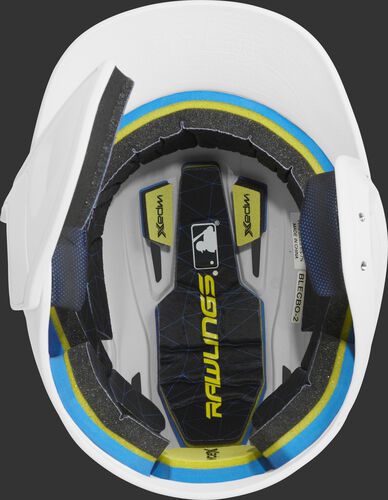Inside of a MACHEXTL Rawlings MACH baseball helmet with IMPAX durable foam padding
