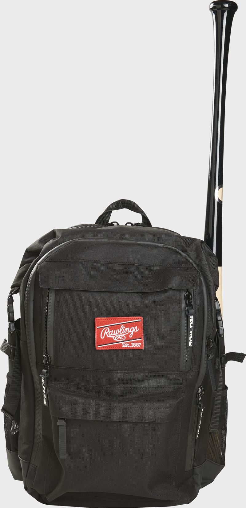 A black CEO coach's backpack with a bat in the side sleeve on one side - SKU: CEOBP-B