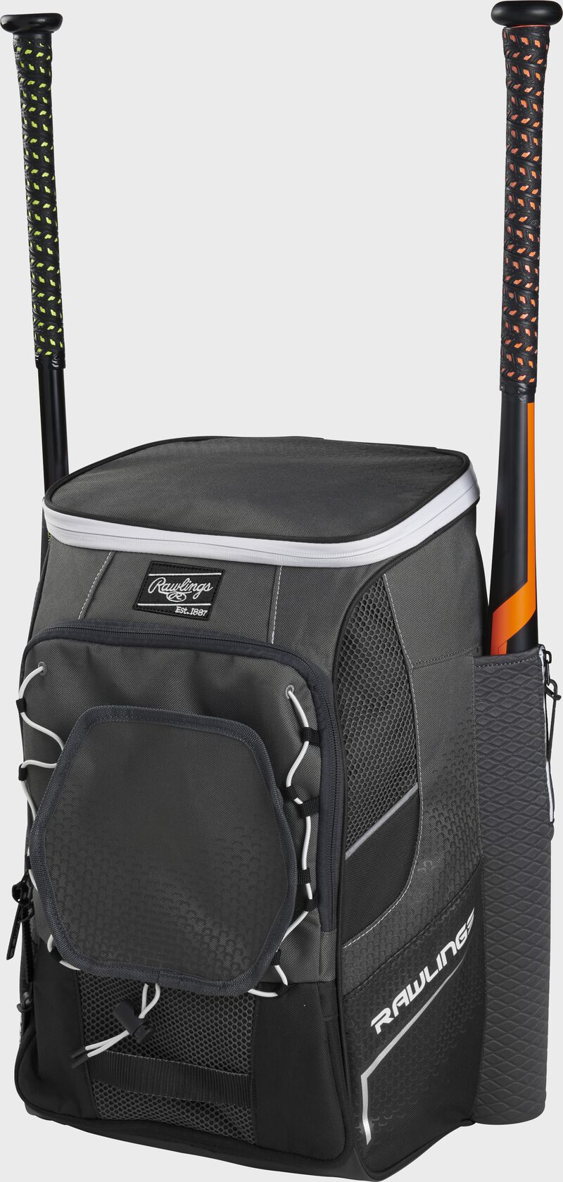 Front right angle view of a black Impulse backpack with two bats in the side sleeves - SKU: IMPLSE-B