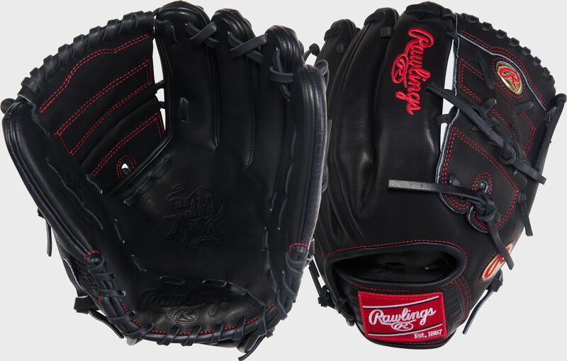 Two images showing the palm & back of a black Gameday 57 Series Max Fried Heart of the Hide Glove