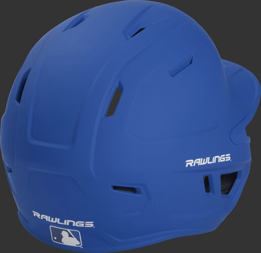 Back right of a matte royal MACHEXTR Rawlings junior size batting helmet