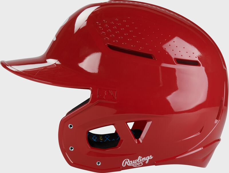 Left side of a scarlet Rawlings RX2 gloss baseball batting helmet loading=