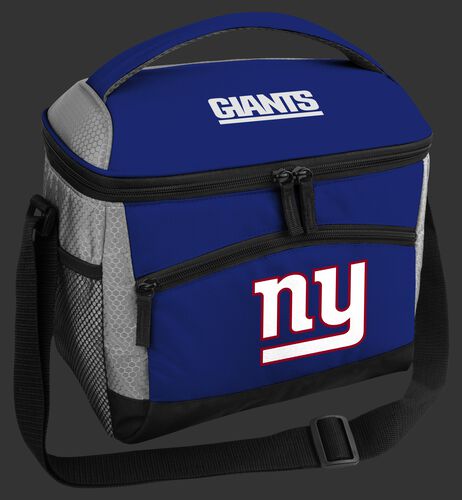 A blue New York Giants 12 can soft sided cooler with a team logo on the front - SKU: 10111078111