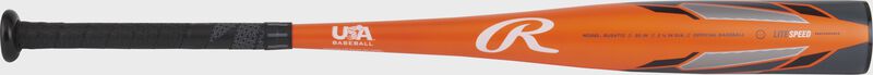 An orange Threat USA bat shown with the handle on the left and barrel on the right - SKU: RUS4T12