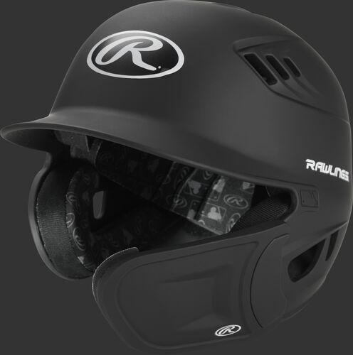 Front angle of a Rawlings Velo batting helmet with R-EXT flap for a right-handed batter - SKU: R6E07L